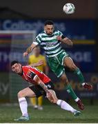 10 February 2023; Roberto Lopes of Shamrock Rovers in action against Cian Kavanagh of Derry City during the President's Cup match between Derry City and Shamrock Rovers at the Ryan McBride Brandywell Stadium in Derry. Photo by Stephen McCarthy/Sportsfile