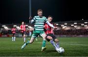 10 February 2023; Darragh Nugent of Shamrock Rovers in action against Ben Doherty of Derry City during the President's Cup match between Derry City and Shamrock Rovers at the Ryan McBride Brandywell Stadium in Derry. Photo by Stephen McCarthy/Sportsfile
