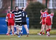 3 February 2023; Dan Punch of Cistercian College Roscrea celebrates a try during the Bank of Ireland Leinster Rugby Schools Senior Cup First Round match between Cistercian College Roscrea and Catholic University School at Terenure College RFC in Dublin. Photo by Piaras Ó Mídheach/Sportsfile