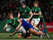 10 February 2023; Hugh Gavin of Ireland is tackled by Zaccharie Affane of France during the U20 Six Nations Rugby Championship match between Ireland and France at Musgrave Park in Cork. Photo by Eóin Noonan/Sportsfile