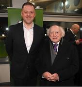 10 February 2023; President of Ireland Michael D Higgins, right, with Thomas Byrne TD, Minister of State for Sport and Physical Education, during the President's Cup match between Derry City and Shamrock Rovers at the Ryan McBride Brandywell Stadium in Derry. Photo by Stephen McCarthy/Sportsfile