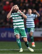 10 February 2023; Richie Towell of Shamrock Rovers reacts to a missed chance during the President's Cup match between Derry City and Shamrock Rovers at the Ryan McBride Brandywell Stadium in Derry. Photo by Stephen McCarthy/Sportsfile