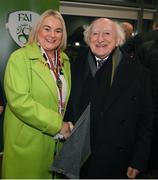 10 February 2023; Mayor of Derry City and Strabane District Council Sandra Duffy and President of Ireland Michael D Higgins during the President's Cup match between Derry City and Shamrock Rovers at the Ryan McBride Brandywell Stadium in Derry. Photo by Stephen McCarthy/Sportsfile