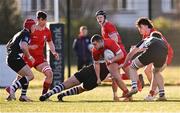 3 February 2023; Aidan Walsh of Catholic University School is tackled by Rory Og Doody of Cistercian College Roscrea during the Bank of Ireland Leinster Rugby Schools Senior Cup First Round match between Cistercian College Roscrea and Catholic University School at Terenure College RFC in Dublin. Photo by Piaras Ó Mídheach/Sportsfile