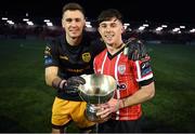 10 February 2023; Derry City goalkeeper Brian Maher, left, and Adam O'Reilly of Derry City with the President's Cup after the President's Cup match between Derry City and Shamrock Rovers at the Ryan McBride Brandywell Stadium in Derry. Photo by Stephen McCarthy/Sportsfile