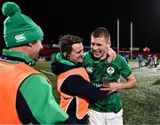 10 February 2023; Sam Prendergast of Ireland celebrates with assistant coach Mark Sexton after the U20 Six Nations Rugby Championship match between Ireland and France at Musgrave Park in Cork. Photo by Eóin Noonan/Sportsfile