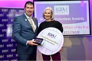 10 February 2023; Monica Callinan, from Kilmihil, Clare, is presented with the County/Provincial Officer of the Year award by Ladies Gaelic Football Association President Mícheál Naughton at the 2022 LGFA Volunteer of the Year awards night at Croke Park in Dublin. Photo by Piaras Ó Mídheach/Sportsfile