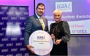 10 February 2023; Mary Power O’Shea, Mullinahone, Tipperary, is presented with the Volunteer Hall of Fame award by Ladies Gaelic Football Association President Mícheál Naughton at the 2022 LGFA Volunteer of the Year awards night at Croke Park in Dublin. Photo by Piaras Ó Mídheach/Sportsfile