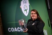 11 February 2023; Letterkenny Rovers Head of Women's Football Brid McGinty with the Noel O'Reilly Coach of the Year Award during the FAI Female Coaching Conference at Raddison Blu Hotel in Letterkenny, Donegal. Photo by Ramsey Cardy/Sportsfile