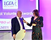 10 February 2023; Seamus McGuire from Carrickedmond, Longford, winner of the PRO of the Year award, is interviewed by MC Gráinne McElwain during the 2023 LGFA National Volunteer of the Year Awards at Croke Park in Dublin. Photo by Piaras Ó Mídheach/Sportsfile