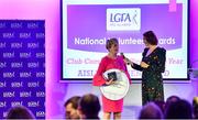 10 February 2023; Aislinn Nugent Reid, from Valleymount, Wicklow, winner of the Club Committee Officer of the Year award, is interviewed by MC Gráinne McElwain during the 2023 LGFA National Volunteer of the Year Awards at Croke Park in Dublin. Photo by Piaras Ó Mídheach/Sportsfile
