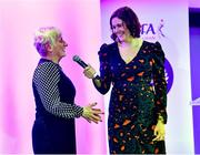 10 February 2023; Mary Power O’Shea, Mullinahone, Tipperary, winner of the Volunteer Hall of Fame award, is interviewed by MC Gráinne McElwain at the 2022 LGFA Volunteer of the Year awards night at Croke Park in Dublin. Photo by Piaras Ó Mídheach/Sportsfile