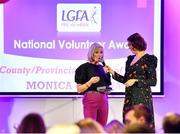 10 February 2023; Monica Callinan, from Kilmihil, Clare, winner of the County/Provincial Officer of the Year award, is interviewed by MC Gráinne McElwain during the 2023 LGFA National Volunteer of the Year Awards at Croke Park in Dublin. Photo by Piaras Ó Mídheach/Sportsfile
