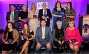 10 February 2023; Ladies Gaelic Football Association President Mícheál Naughton, front row centre, with award winners, front row, from left, Tara Byrne from KFM, Kildare, winner of the Local Journalist of the Year award, Erika Long from Milltown, Kildare, winner of the Young Volunteer of the Year award, Mary Power O’Shea, Mullinahone, Tipperary, winner of the Volunteer Hall of Fame award and Aislinn Nugent Reid, from Valleymount, Wicklow, winner of the Club Committee Officer of the Year award and back row, from left, Domo Murtagh, Navan O’Mahony's, Meath, winner of with the Lulu Carroll award, Monica Callinan, from Kilmihil, Clare, winner of the County/Provincial Officer of the Year award, Fionnuala Tracey, representing her late husband and award winner, Noel Tracey, from the Kildress Wolfe Tones club in Tyrone, Seamus McGuire from Carrickedmond, Longford, winner of the PRO of the Year award and Joint-winners of the School Coach of the Year award Emma Galligan and Laura Brogan from Mount St Michael, Claremorris, Mayo, at the 2022 LGFA Volunteer of the Year awards night at Croke Park in Dublin.  Photo by Piaras Ó Mídheach/Sportsfile