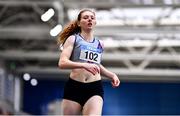 11 February 2023; Molly Hourihan of Dundrum South Dublin AC, Dublin, after winning her Women's 200m heat during the 123.ie National Indoor League Final at Sport Ireland National Indoor Arena in Dublin. Photo by Ben McShane/Sportsfile