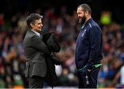 11 February 2023; Ireland head coach Andy Farrell, right, speaks with World Rugby head of match officials Joël Jutge before the Guinness Six Nations Rugby Championship match between Ireland and France at the Aviva Stadium in Dublin. Photo by Brendan Moran/Sportsfile