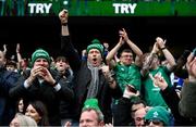 11 February 2023; An Ireland supporter celebrates his side's second try scored by James Lowe during the Guinness Six Nations Rugby Championship match between Ireland and France at the Aviva Stadium in Dublin. Photo by Seb Daly/Sportsfile
