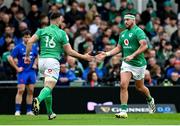 11 February 2023; Robbie Henshaw of Ireland, right, is replaced by teammate Rónan Kelleher, for a head injury assessment during the Guinness Six Nations Rugby Championship match between Ireland and France at the Aviva Stadium in Dublin. Photo by Seb Daly/Sportsfile