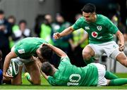 11 February 2023; Hugo Keenan of Ireland, left, celebrates with teammates Jonathan Sexton and Conor Murray after scoring his side's first try during the Guinness Six Nations Rugby Championship match between Ireland and France at the Aviva Stadium in Dublin. Photo by Harry Murphy/Sportsfile