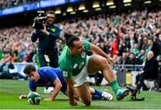 11 February 2023; James Lowe of Ireland celebrates after scoring his side's second try during the Guinness Six Nations Rugby Championship match between Ireland and France at the Aviva Stadium in Dublin.  Photo by Brendan Moran/Sportsfile