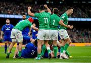 11 February 2023; Ireland players, Conor Murray, right, and James Lowe, celebrate a turnover during the Guinness Six Nations Rugby Championship match between Ireland and France at the Aviva Stadium in Dublin. Photo by Brendan Moran/Sportsfile