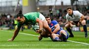 11 February 2023; James Lowe of Ireland is tackled by Thomas Ramos of France during the Guinness Six Nations Rugby Championship match between Ireland and France at the Aviva Stadium in Dublin. Photo by Harry Murphy/Sportsfile