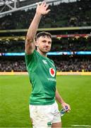 11 February 2023; Hugo Keenan of Ireland celebrates after his side's victory in the Guinness Six Nations Rugby Championship match between Ireland and France at the Aviva Stadium in Dublin. Photo by Harry Murphy/Sportsfile