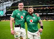 11 February 2023; Leinster players James Ryan, left, and Andrew Porter after making their 50th appearance for Ireland after the Guinness Six Nations Rugby Championship match between Ireland and France at the Aviva Stadium in Dublin. Photo by Harry Murphy/Sportsfile