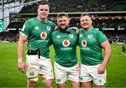 11 February 2023; Ireland players from left, James Ryan, Andrew Porter, and Dave Kilcoyne, after making their 50th appearances for Ireland after the Guinness Six Nations Rugby Championship match between Ireland and France at the Aviva Stadium in Dublin. Photo by Harry Murphy/Sportsfile