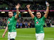 11 February 2023; James Lowe, right, and Jack Conan of Ireland after their side's victory in the Guinness Six Nations Rugby Championship match between Ireland and France at the Aviva Stadium in Dublin. Photo by Harry Murphy/Sportsfile