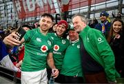 11 February 2023; Hugo Keenan of Ireland takes a selfie with supporters after the Guinness Six Nations Rugby Championship match between Ireland and France at the Aviva Stadium in Dublin. Photo by Harry Murphy/Sportsfile