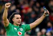 11 February 2023; James Lowe of Ireland celebrates after his side's victory in the Guinness Six Nations Rugby Championship match between Ireland and France at the Aviva Stadium in Dublin. Photo by Seb Daly/Sportsfile