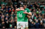 11 February 2023; James Ryan, right, and Rónan Kelleher of Ireland celebrate at the final whistle after their side's victory in the Guinness Six Nations Rugby Championship match between Ireland and France at the Aviva Stadium in Dublin. Photo by Seb Daly/Sportsfile