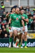 11 February 2023; Hugo Keenan of Ireland, right, celebrates with teammate Finlay Bealham after scoring their side's first try during the Guinness Six Nations Rugby Championship match between Ireland and France at the Aviva Stadium in Dublin. Photo by Seb Daly/Sportsfile