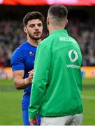 11 February 2023; Romain Ntamack of France and Jonathan Sexton of Ireland after the Guinness Six Nations Rugby Championship match between Ireland and France at the Aviva Stadium in Dublin. Photo by Brendan Moran/Sportsfile