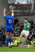 11 February 2023; Hugo Keenan of Ireland kicks a 50:22 during the Guinness Six Nations Rugby Championship match between Ireland and France at the Aviva Stadium in Dublin. Photo by Seb Daly/Sportsfile