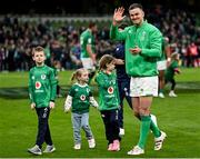 11 February 2023; Jonathan Sexton of Ireland with his children Luca, Amy and Sophie after his side's victory in the Guinness Six Nations Rugby Championship match between Ireland and France at the Aviva Stadium in Dublin. Photo by Harry Murphy/Sportsfile