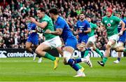 11 February 2023; Hugo Keenan of Ireland on his way to scoring his side's first try, in the 9th minute, during the Guinness Six Nations Rugby Championship match between Ireland and France at the Aviva Stadium in Dublin. Photo by John Dickson/Sportsfile