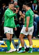 11 February 2023; Jonathan Sexton of Ireland celebrates with teammate James Lowe after their side's victory in the Guinness Six Nations Rugby Championship match between Ireland and France at the Aviva Stadium in Dublin. Photo by Harry Murphy/Sportsfile