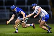 11 February 2023; Stephen Maher of Laois in action against Conor Prunty of Waterford during the Allianz Hurling League Division 1 Group B match between Laois and Waterford at Laois Hire O'Moore Park in Portlaoise, Laois. Photo by Piaras Ó Mídheach/Sportsfile