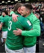 11 February 2023; Finlay Bealham, left, and Jonathan Sexton of Ireland celebrate victory after the Guinness Six Nations Rugby Championship match between Ireland and France at the Aviva Stadium in Dublin. Photo by Brendan Moran/Sportsfile