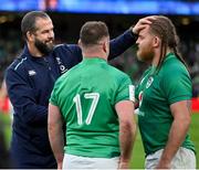 11 February 2023; Ireland head coach Andy Farrell, left, with Dave Kilcoyne and Finlay Bealham, right, after the Guinness Six Nations Rugby Championship match between Ireland and France at the Aviva Stadium in Dublin. Photo by Brendan Moran/Sportsfile