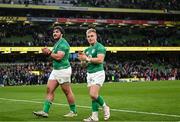 11 February 2023; Craig Casey and Tom O’Toole of Ireland after their side's victory in the Guinness Six Nations Rugby Championship match between Ireland and France at the Aviva Stadium in Dublin. Photo by Harry Murphy/Sportsfile