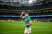 11 February 2023; Hugo Keenan of Ireland after his side's victory in the Guinness Six Nations Rugby Championship match between Ireland and France at the Aviva Stadium in Dublin. Photo by Harry Murphy/Sportsfile