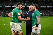 11 February 2023; Caelan Doris, Ireland assistant coach Mike Catt and Andrew Porter of Ireland after their side's victory in the Guinness Six Nations Rugby Championship match between Ireland and France at the Aviva Stadium in Dublin. Photo by Harry Murphy/Sportsfile
