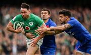11 February 2023; Hugo Keenan of Ireland is tackled by Thomas Ramos and Romain Ntamack of France during the Guinness Six Nations Rugby Championship match between Ireland and France at the Aviva Stadium in Dublin. Photo by Brendan Moran/Sportsfile