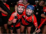 11 February 2023; UCC players Meabh Murphy, left, and Cliona O'Leary celebrate after their side's victory in the Electric Ireland Ashbourne Cup Semi Final between UCC and DCU at UCD in Dublin. Photo by Michael P Ryan/Sportsfile