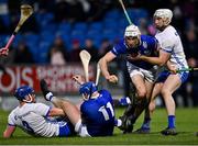 11 February 2023; Martin Phelan of Laois in action against Shane McNulty of Waterford during the Allianz Hurling League Division 1 Group B match between Laois and Waterford at Laois Hire O'Moore Park in Portlaoise, Laois. Photo by Piaras Ó Mídheach/Sportsfile
