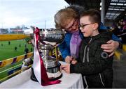 4 February 2023; Wexford supporters Bríd Hanrick, from Killinick, and her grandson Jack Donohue, age 6 and from Murrintown, take a closer look at the Walsh Cup before the Allianz Hurling League Division 1 Group A match, which doubled up as the Walsh Cup Final, between Wexford and Galway at Chadwicks Wexford Park in Wexford. Photo by Piaras Ó Mídheach/Sportsfile