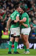 11 February 2023; Tom O’Toole, right, and Jack Conan of Ireland after their side's victory in the Guinness Six Nations Rugby Championship match between Ireland and France at the Aviva Stadium in Dublin. Photo by Seb Daly/Sportsfile